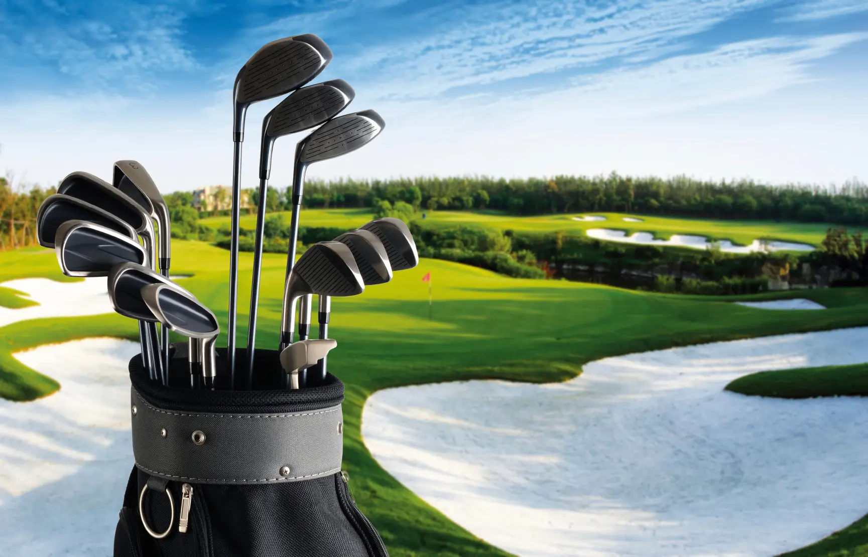 Set of golf clubs with golf course in the background.