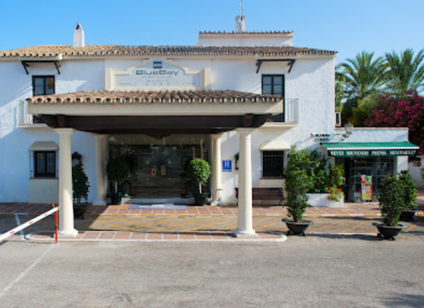 Blue Bay Hotel entrance from the outside.